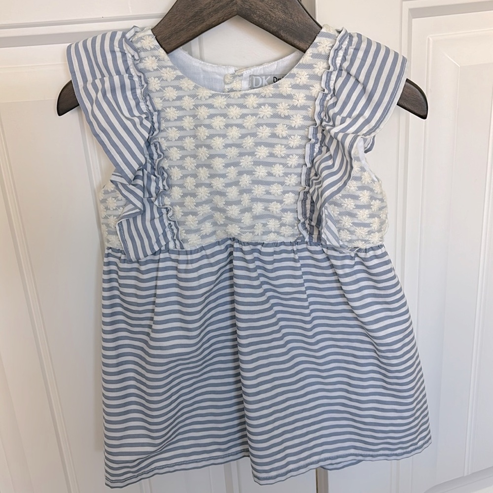 Dr. Kid Blue and White Striped Cotton Blouse with Floral Tulle